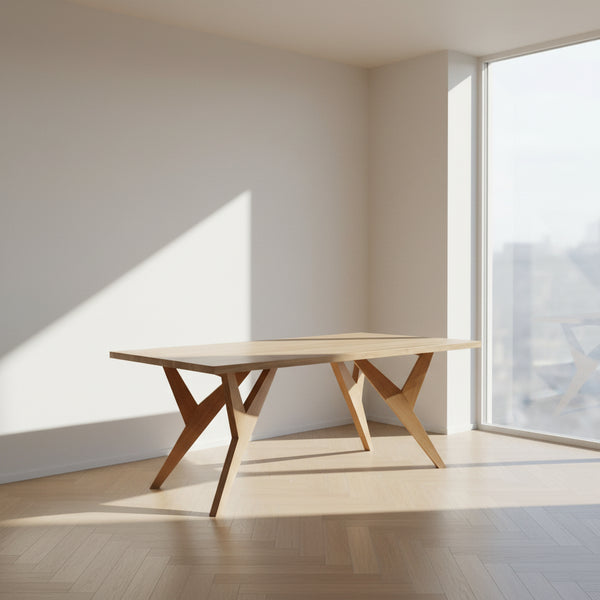 Table de salle à manger rectangulaire contemporaine en chêne massif blanc avec pieds inclinés en forme de Y