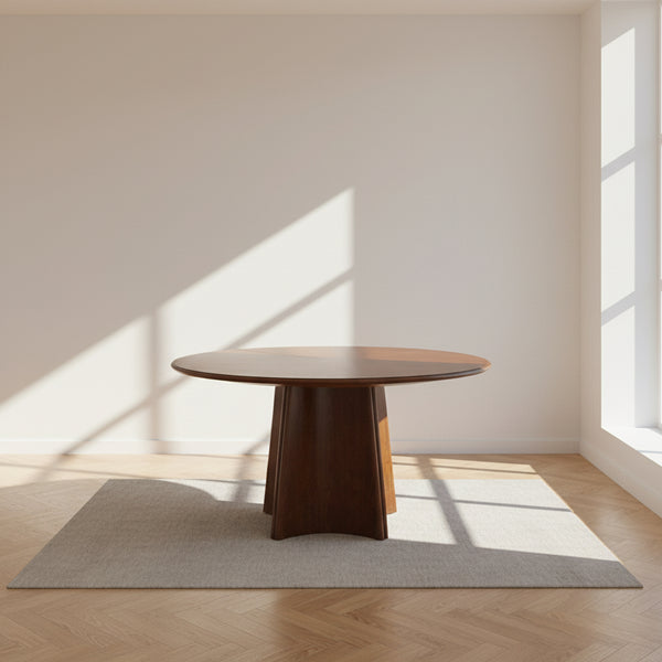 Table à manger ronde extensible en merisier massif style Mid-Century avec pied concave et rallonge pour salle à manger