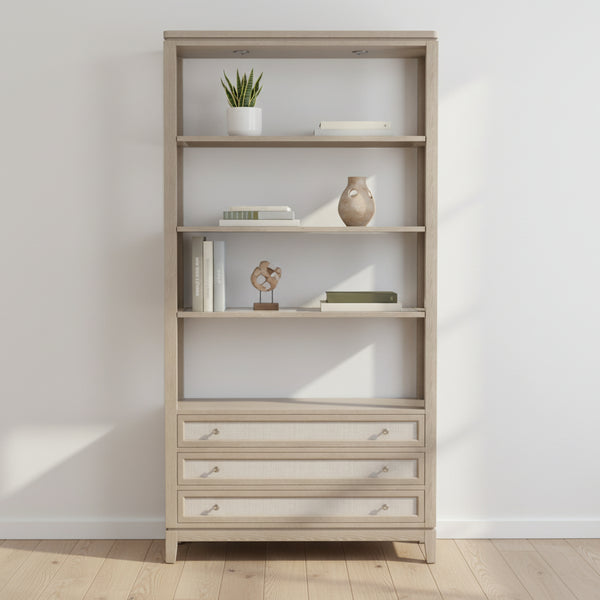 Bibliothèque moderne en chêne rouge avec tiroirs en jute tressé et éclairage d'appoint LED pour bureau