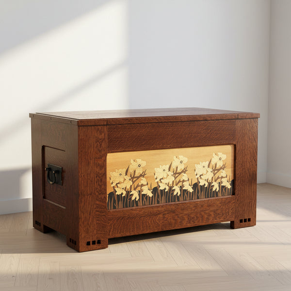 Coffre à Couvertures en Chêne Quartersawn Style Arts & Crafts avec Incrustations Florales en Placage de Bois et Intérieur Doublé de Cèdre pour Chambre à Coucher