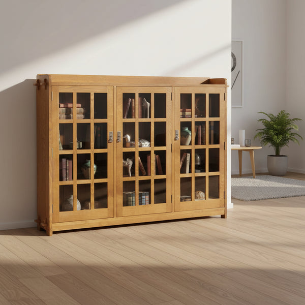 Bibliothèque Mission en Chêne Massif à Trois Portes avec 36 Carreaux Vitrés Individuels pour Salon