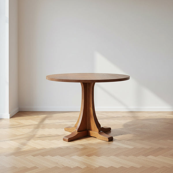 Table de salle à manger ronde à piédestal en chêne massif Mission avec base en sabot pour salle à manger